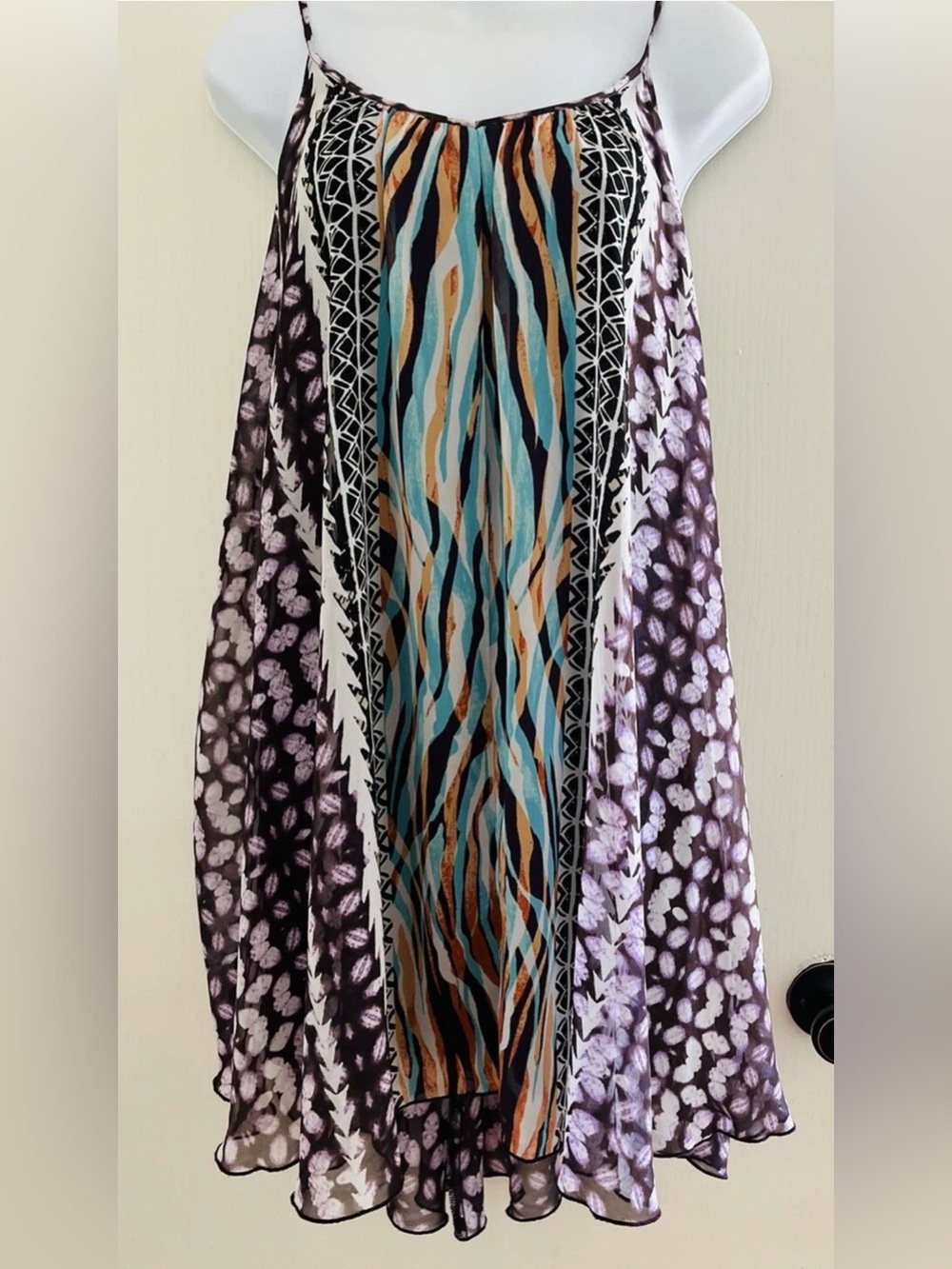 Express Mixed-Print Spaghetti Strap Mini Dress in Black, Teal, and Gold